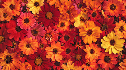 Pop art flower pattern in warm tones of red and orange