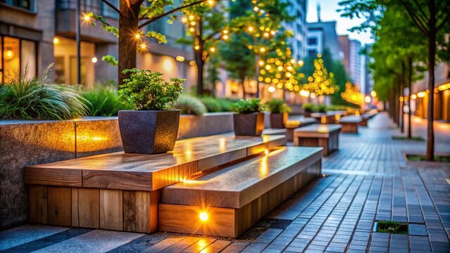 Stone and Wood Parklet with Bokeh Effect in Urban Setting for Relaxation and Leisure