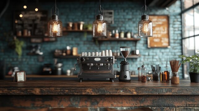 Rustic coffee shop counter with espresso machine and grinder, vintage light bulbs, and exposed brick wall.