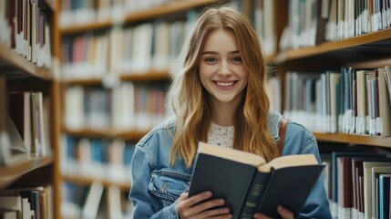 A young woman stands in a library aisle smiling and holding an open book.