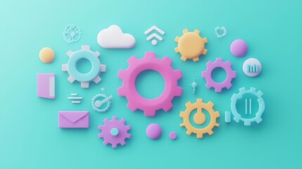 Colorful gears and icons representing technology, communication, and cloud computing on a teal background.