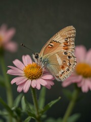 Obraz premium Delicate peach fuzz butterfly resting on flowers in a minimal background.