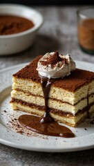 Delicate slice of tiramisu served on a white plate, showcasing creamy layers and garnished with cocoa.