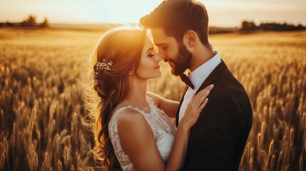 A bride and groom stand in a field of wheat, looking lovingly at each other as the sun sets in the background.