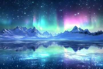 Fototapeta premium green glow and purple hues of aurora borealis, northern lights and beautiful night sky with a lot of stars and Milky Way galaxy