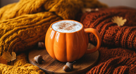 Pumpkin-shaped mug with cozy beverage and pumpkin drink perfect for autumn vibes and seasonal warmth