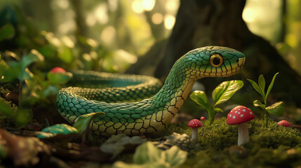 Obraz premium 2025 is the Year of the Green Wooden Snake. Intricately Carved Green Wooden Snake in Lush Forest – Detailed Scales and Realistic Wood Texture in Natural Leafy Surroundings with Playful Lighting Effect