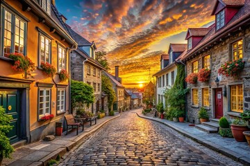 Fototapeta premium Stunning HDR View of an Enchanting Old Town with Historic Buildings and Cobblestone Streets at Sunset