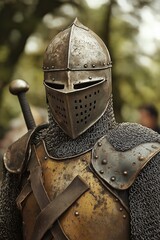 Naklejka premium A knight in full armor with chainmail and a sword handle, focused and ready.