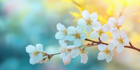 White cherry blossoms stand out against a vibrant, colorful background capturing the essence of springtime renewal.