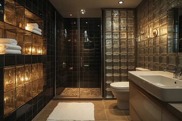 Modern bathroom design featuring dark tiles and a glass block wall, creating a luxurious and relaxing atmosphere.