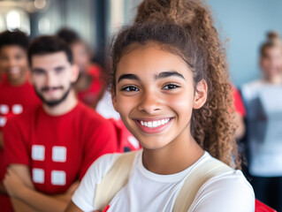 A mix race high school student girl with long curly hair volunteering at a red cross center.