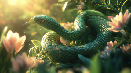 Fototapeta premium 2025 is the Year of the Green Wooden Snake. Intricately Carved Green Wooden Snake in Lush Forest – Detailed Scales and Realistic Wood Texture in Natural Leafy Surroundings with Playful Lighting Effect