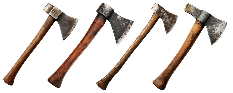 Set of vintage hand axes with wooden handles, isolated on transparent background, PNG