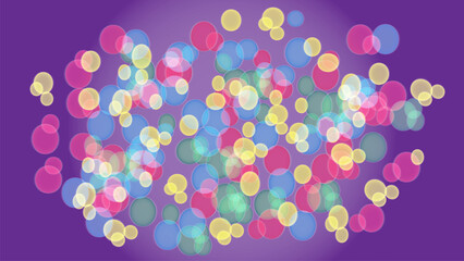 There is a multicolored bokeh on a lilac background. Blurred outlines of circles. The effect of abstract lighting. Vector illustration.