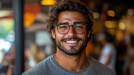 Fototapeta premium Smiling young man wearing glasses poses cheerfully in a cozy café with warm lighting and blurred background during daytime