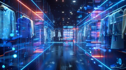 Immersive digital shopping experience showcasing clothing items with augmented reality interfaces, data visualization, and interactive displays in a futuristic retail environment