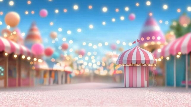 Colorful carnival landscape with striped tents and decorative lights at dusk