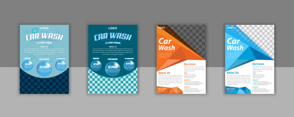 Creative professional car wash flyer brochure design for garage, advertisement, vector, bubbles, background, detailing, wax, clean, clear, shine, glitter, multiple, polish, care, a4 print eps template