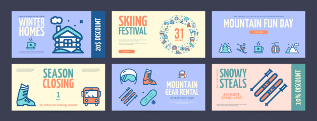 Ski Resort Horizontal Placard Poster Banner Card Template Set with Thin Line Icons. Vector illustration of Skiing Festival