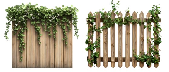 Wooden garden fence covered with lush green vines isolated on transparent background, PNG