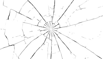 Broken Cracked Glass Window, Crumbled glass texture background Bullet Shooting impact hole Transparent Cut Out.