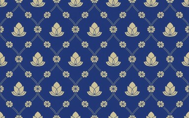 Seamless Lotus Flower and Geometric Thai Pattern, Shaped grid of arches with light gray lotus-like flowers