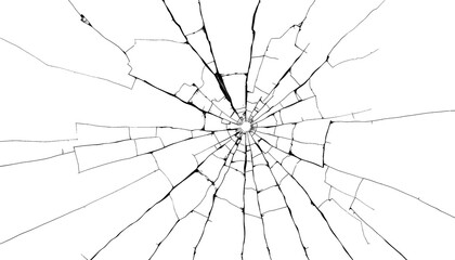 Broken Cracked Glass Window, Crumbled glass texture background Bullet Shooting impact hole Transparent Cut Out.