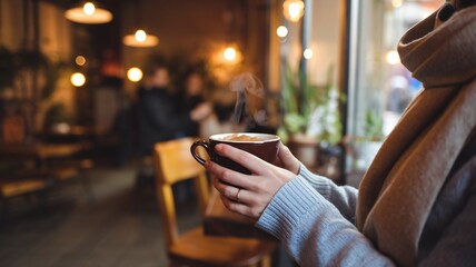 Person Enjoying a Hot Beverage in a Cozy Cafe
