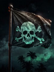 Fototapeta premium Ghostly pirate flag glowing in the dark with eerie winds, watercolor style.