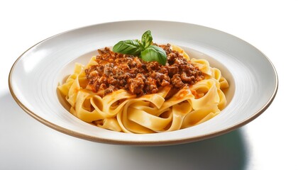 traditional Italian pappardelle pasta with rich meat Bolognese sauce, served on white plates