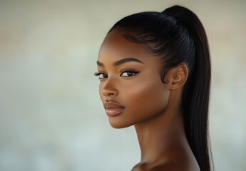 A woman with long, sleek hair poses gracefully during a beauty shoot in studio lighting