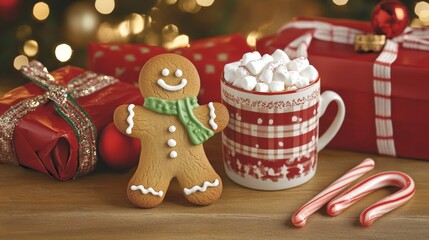 Festive Holiday Scene with Gingerbread Man Cookie, Hot Chocolate, and Candy Canes on a Rustic Wooden Table with Christmas Lights and Gifts in Background