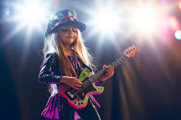 Fototapeta premium Little rockstar girl playing electric guitar on stage under bright lights