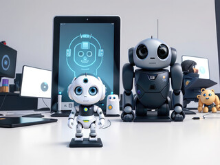 Fototapeta premium Collection of Ai robot using tablet isolate on white bacground