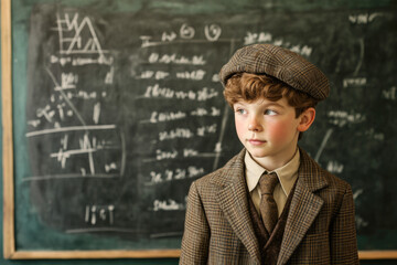 Vintage schoolboy in tweed suit and cap in classroom with blackboard equations