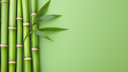 Fototapeta premium Fresh green bamboo stalks arranged artistically, with a single bamboo leaf against a smooth green background, symbolizing nature and tranquility.