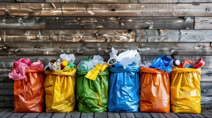 Multicolored Recycle Bins with Symbols on Wooden Background for Eco Recycling