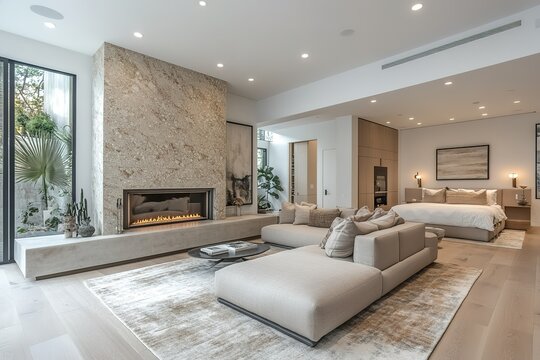 A modern open-plan bedroom and living room feature a statement fireplace and neutral color scheme.
