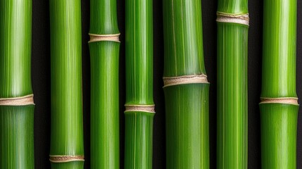 Fototapeta premium A close-up view of vibrant green bamboo stalks tied with natural fibers, showcasing their texture and color against a dark background.