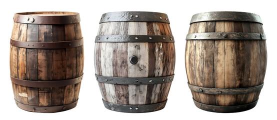 Obraz premium Rustic wooden barrels isolated on transparent background, PNG
