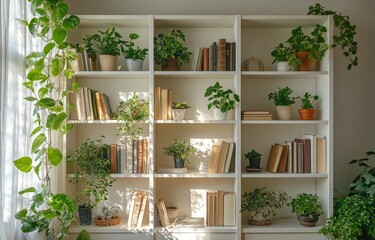 A cozy living room bookshelf filled with books and plants in natural light during the day