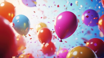 Vibrant celebration a festive scene of colorful balloons and confetti in the air