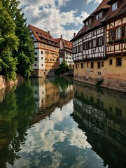Heilig Geist Spital reflecting on the Pegnitz River in Nuremberg.