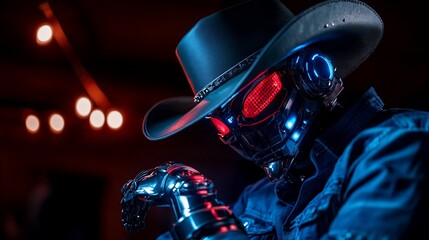 Naklejka premium A futuristic cowboy with a robotic arm and glowing red eyes.
