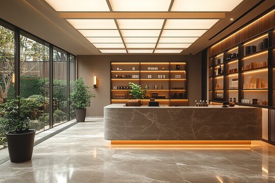 A modern and minimalist reception area with a large marble counter and shelves stocked with products.