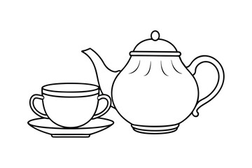 Classic Teapot and Cup Illustration in Minimalist Black Line Art Style