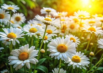 Sunlit Garden with White Daisies and Yellow Centers