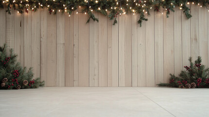 Fototapeta premium Rustic Wooden Backdrop with Christmas Garland and Pinecones