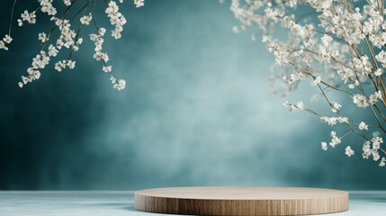 Delicate white flowers and a circular wooden platform against a softly lit blue background